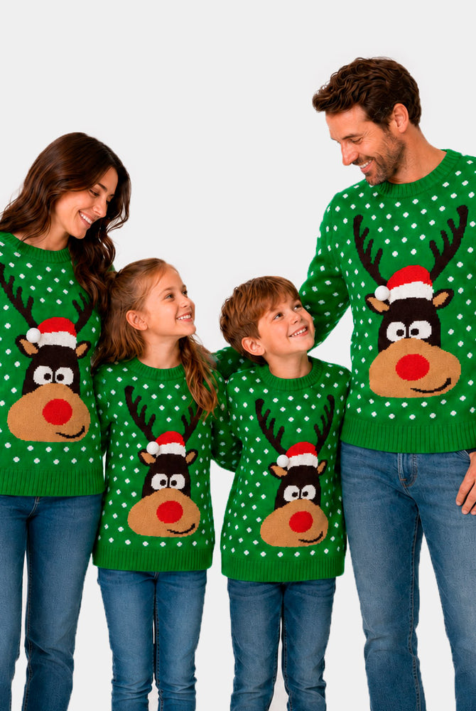 Pull de Noël pour Famille Vert Renne avec Bonnet de Noël 3D