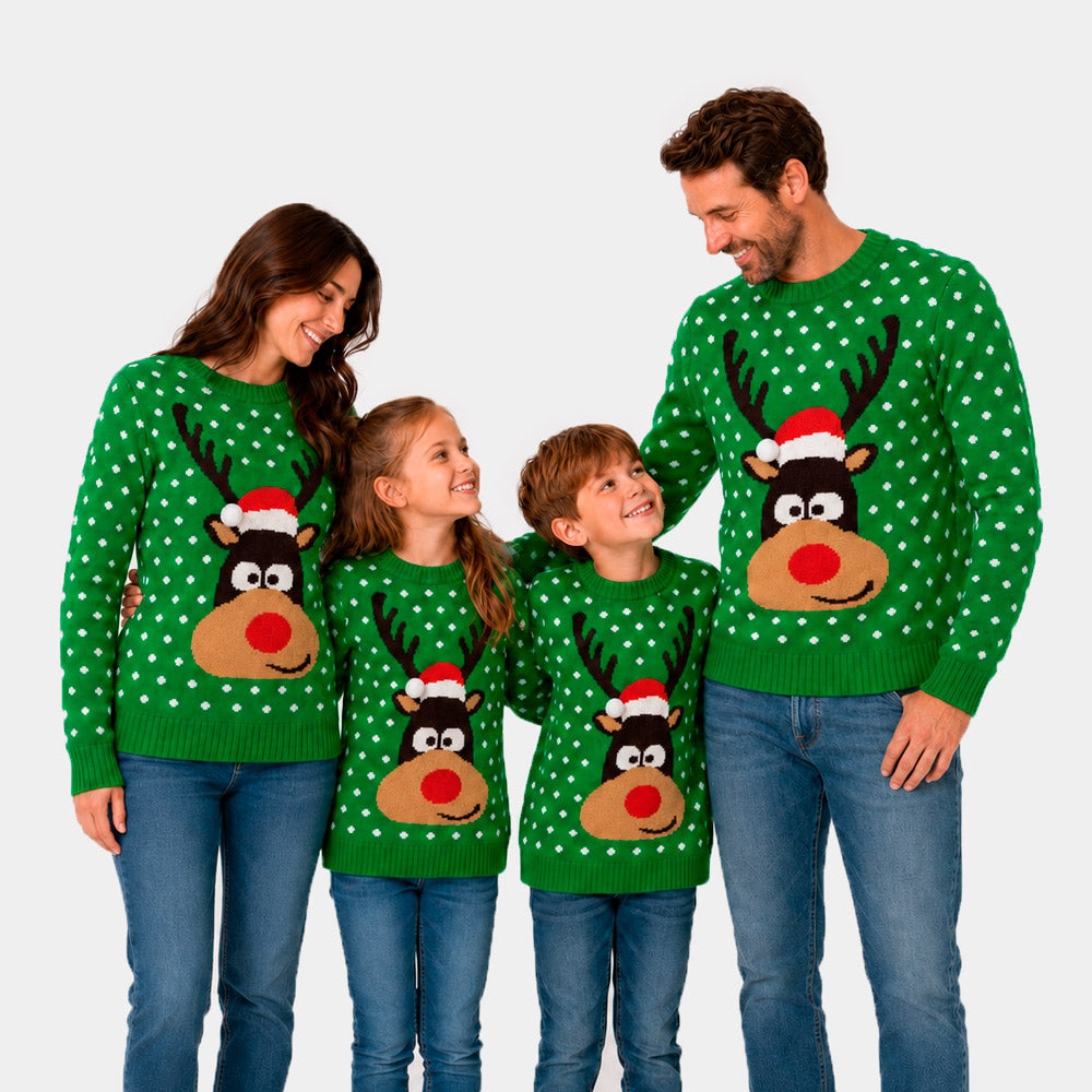 Pull de Noël pour Famille Vert Renne avec Bonnet de Noël 3D