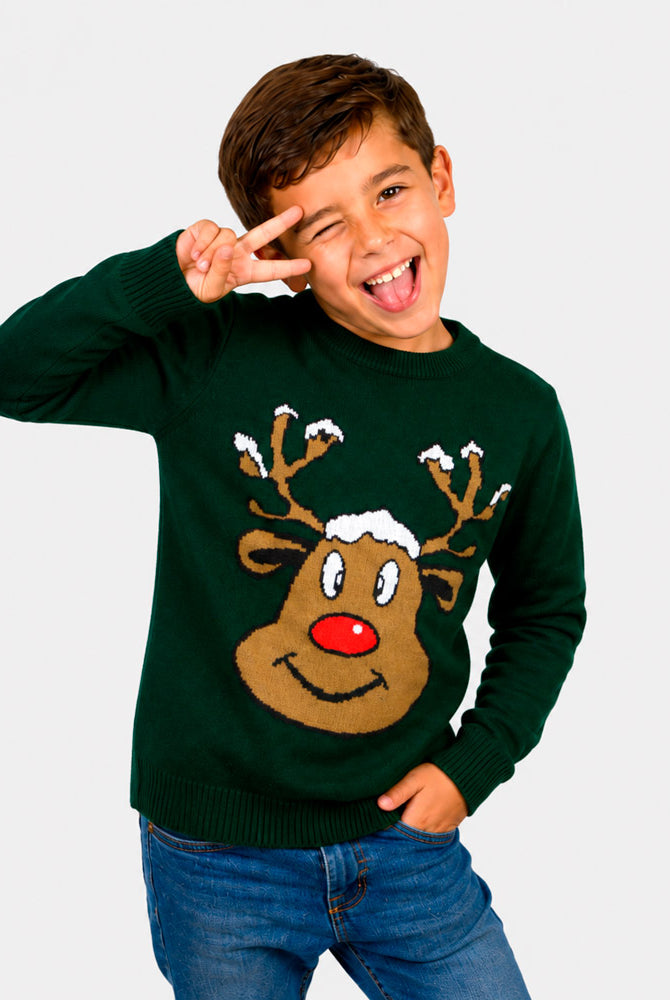 Pull de Noël famille Vert avec Renne Souriant Enfants