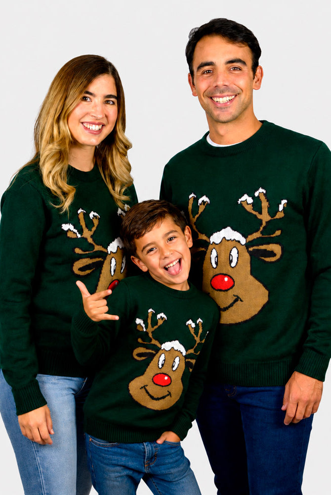 Pull de Noël famille Vert avec Renne Souriant