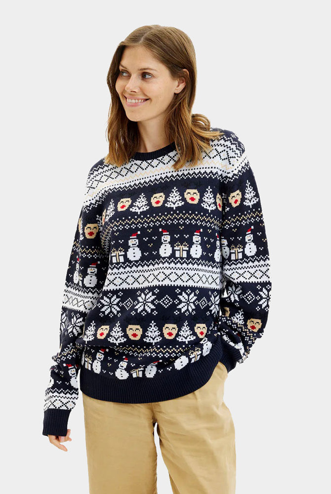 Pull de Noël Femme Couple Bleu Bonhommes de Neige et Sapins