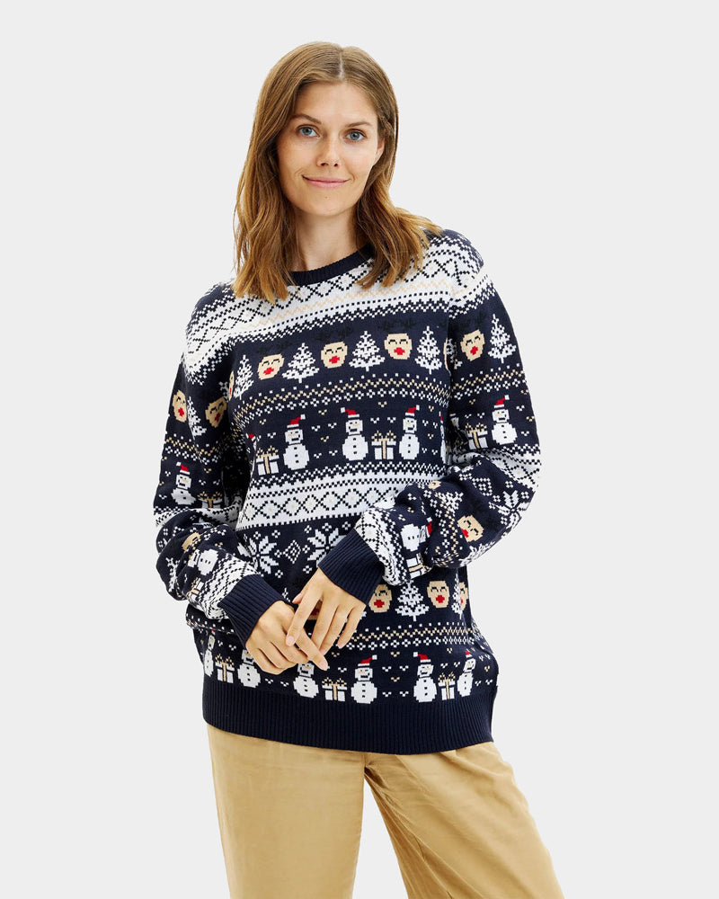 Pull de Noël pour Femme Bleu Bonhommes de Neige et Sapins