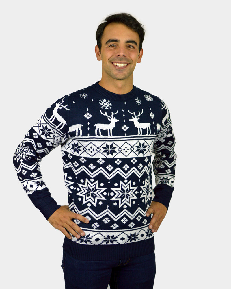 Pull de Noël pour Femme Bleu Homme Renne et Étoile Nordique