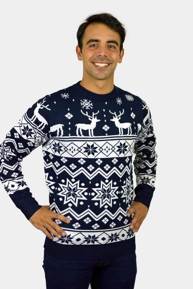 Pull de Noël pour Femme Bleu Homme Renne et Étoile Nordique