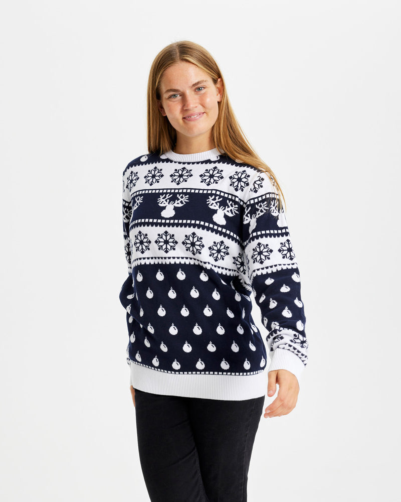 Pull de Noël pour Femme Bleu avec Rennes et Neige