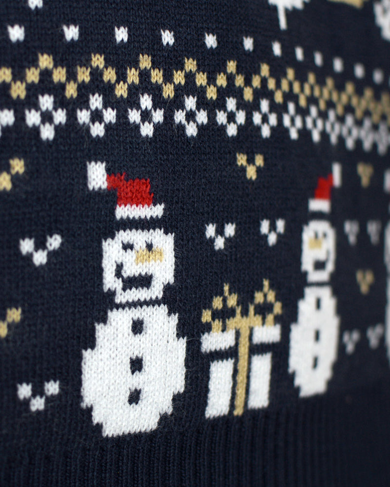 Pull de Noël pour Femme Bonhommes de Neige Bleu Sapins