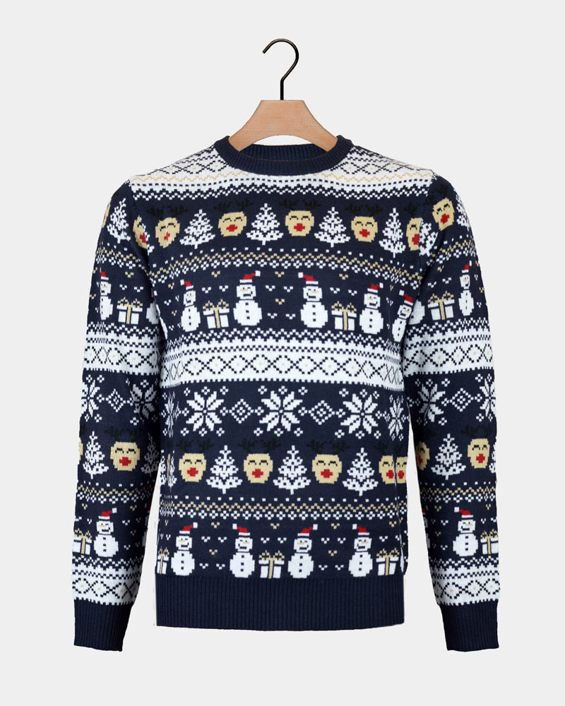 Pull de Noël pour Femme Bonhommes de Neige et Sapins Bleu