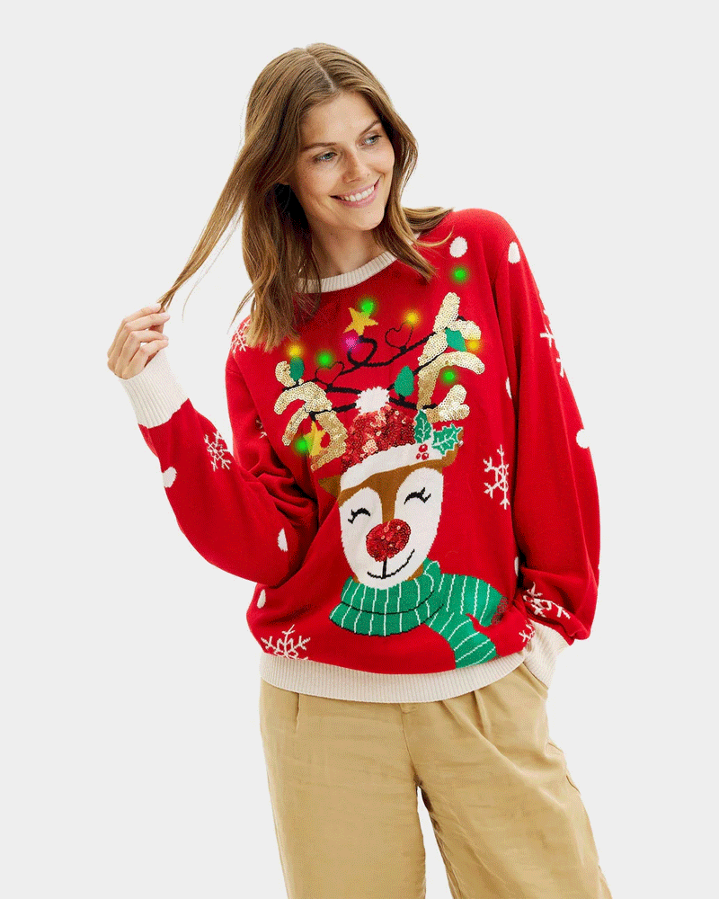 Pull de Noël Brillant Femme Lumineux LED Renne Paillettes