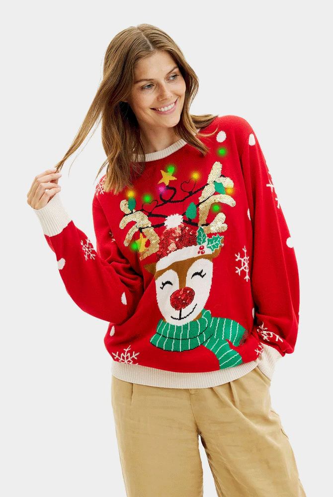 Pull de Noël Brillant Femme Lumineux LED Renne Paillettes