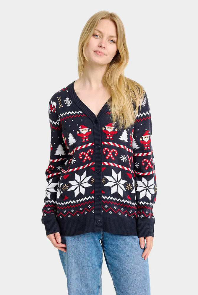 Pull de Noël Cardigan pour Femme Bleu avec Étoiles Polaires