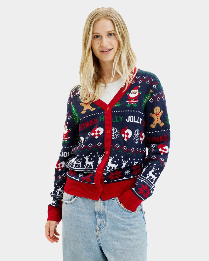 Pull de Noël Cardigan pour Femme Bleu et Rouge