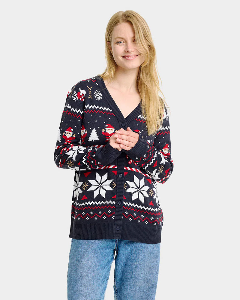Pull de Noël Cardigan Femme Bleu avec Étoiles Polaires