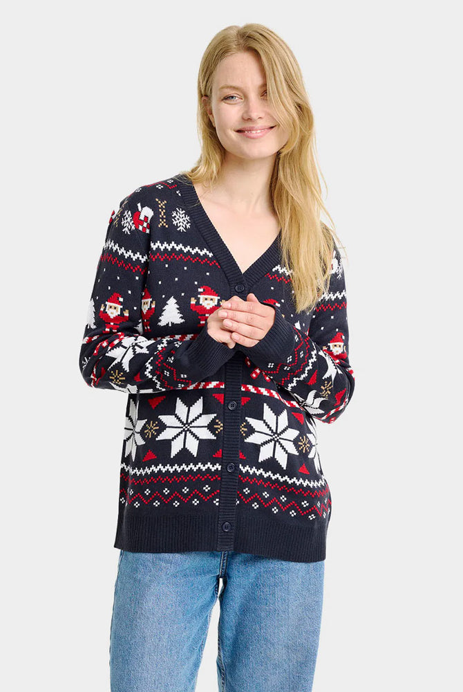 Pull de Noël Cardigan Femme Bleu avec Étoiles Polaires