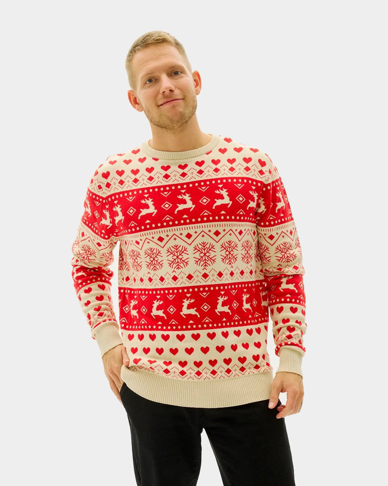 Pull de Noël Homme Femme avec Cœurs Rouges et Beige Coton Bio