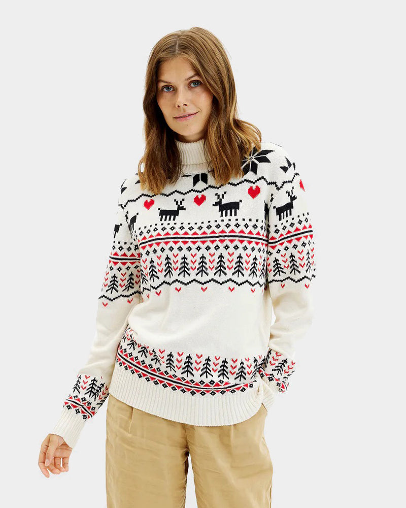 Pull de Noël pour Femme à Col Roulé Chic Beige Coton Bio