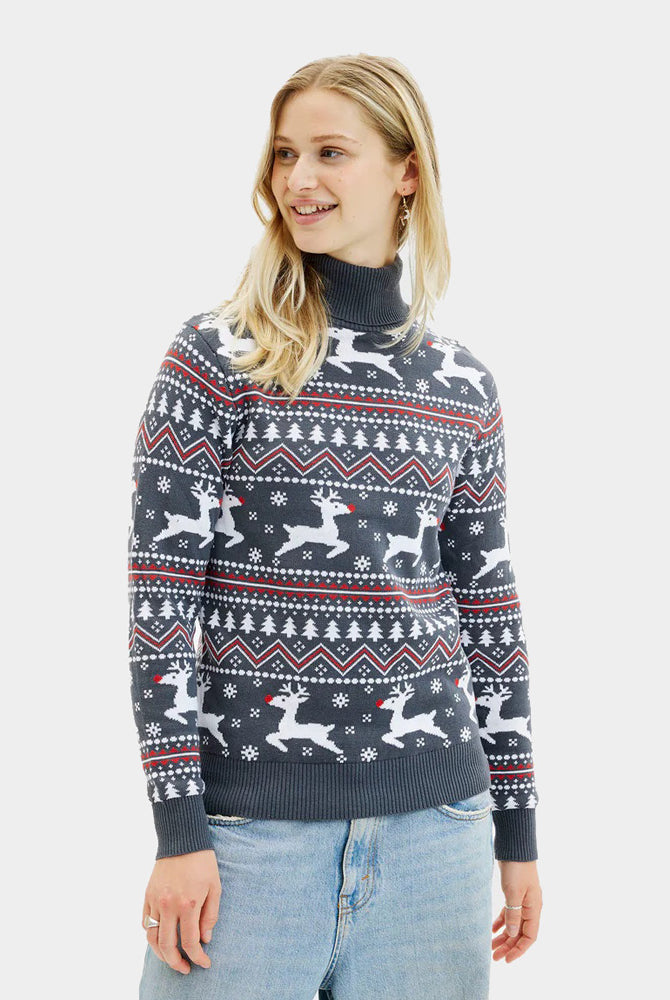Pull de Noël pour Femme à Col Roulé Coton Bio Gris Rennes