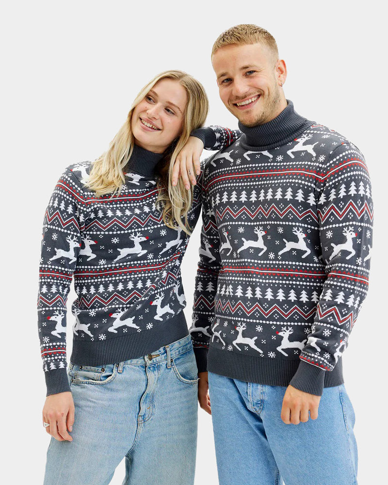 Pull de Noël pour Femme à Col Roulé Gris Rennes Coton Bio Homme