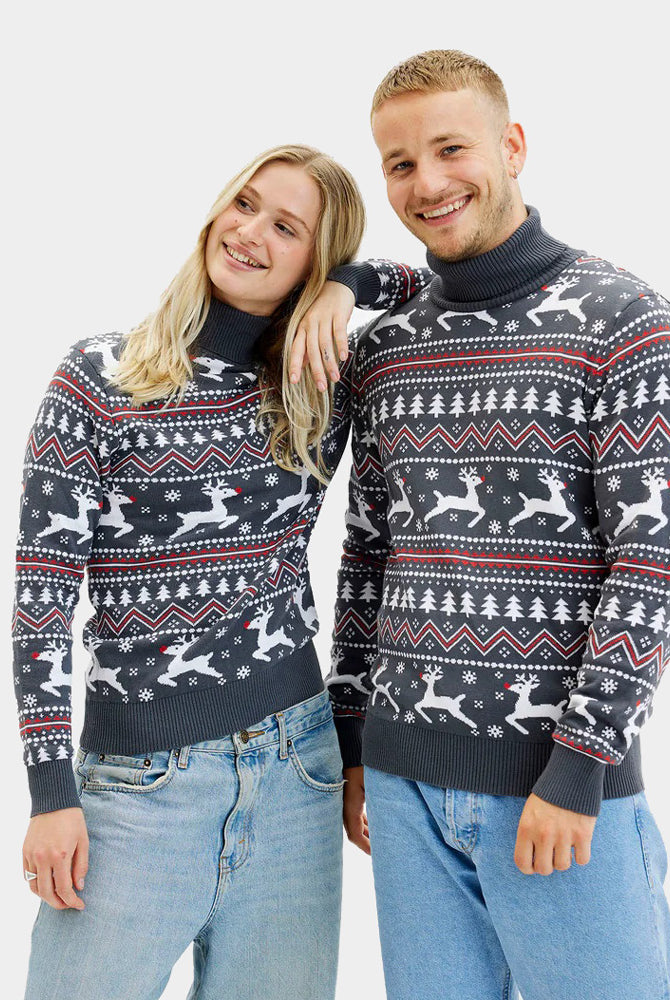 Pull de Noël pour Femme à Col Roulé Gris Rennes Coton Bio Homme
