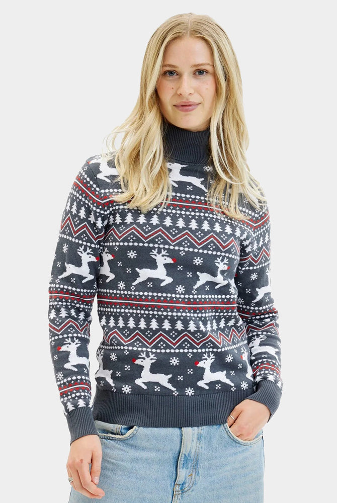 Pull de Noël pour Femme à Col Roulé Gris Rennes Coton Bio