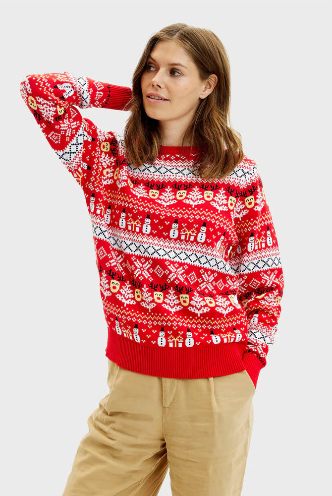 Pull de Noël Femme Couple Rouge Bonhommes de Neige et Sapins Coton Bio
