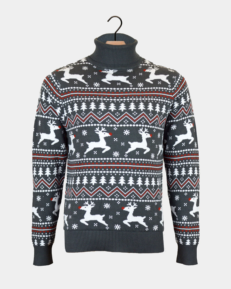 Pull de Noël Gris Femme à Col Roulé Rennes Coton Bio