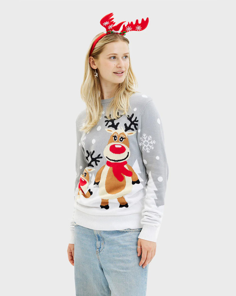 Pull de Noël pour Femme Gris avec Rennes Mignonnes