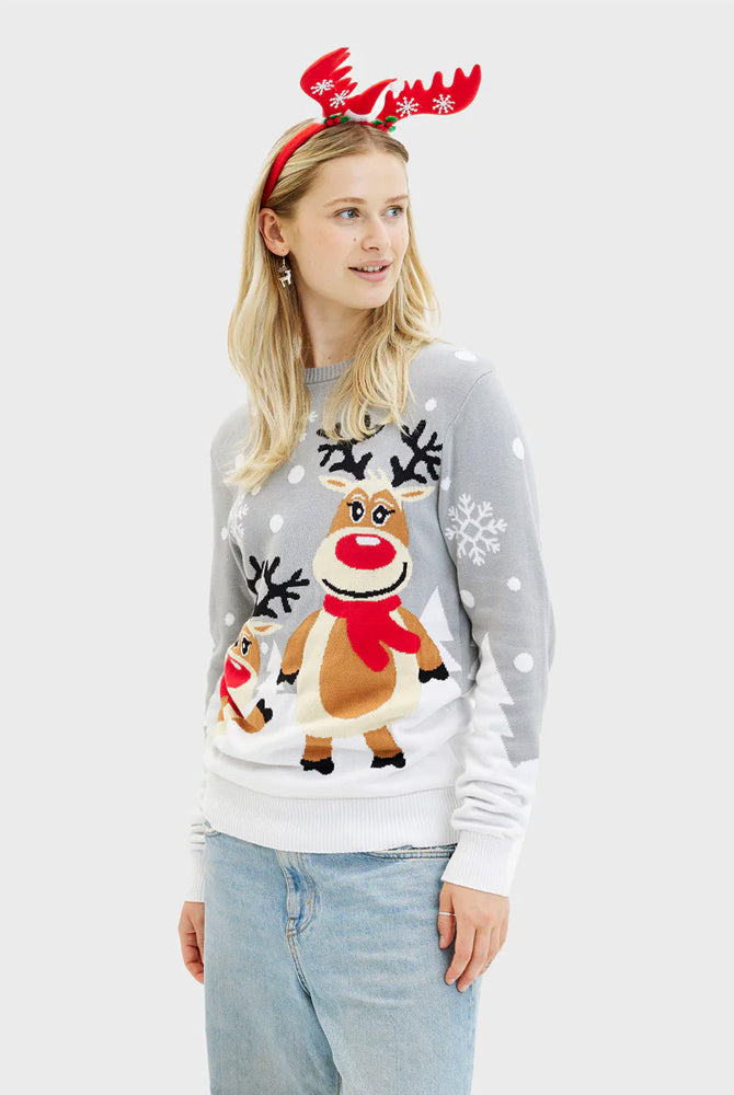 Pull de Noël pour Femme Gris avec Rennes Mignonnes