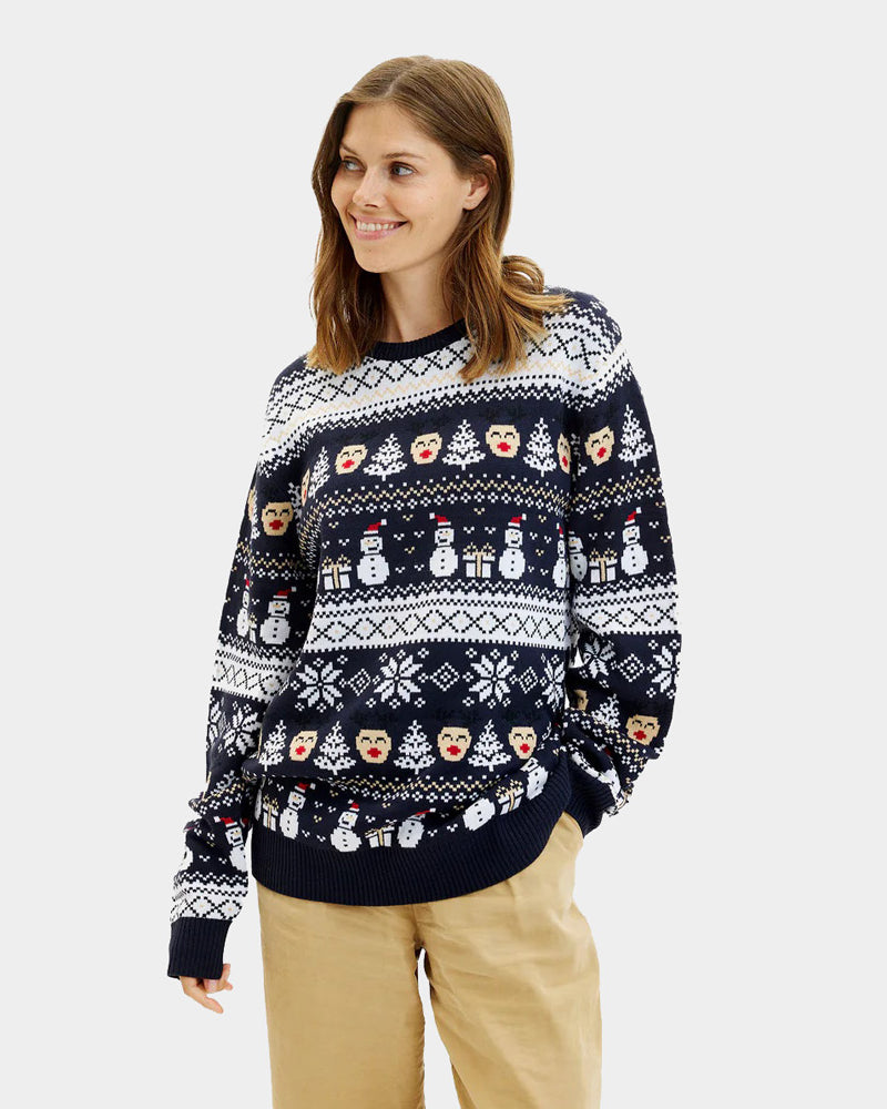 Pull de Noël Femme Homme Bleu Bonhommes de Neige et Sapins
