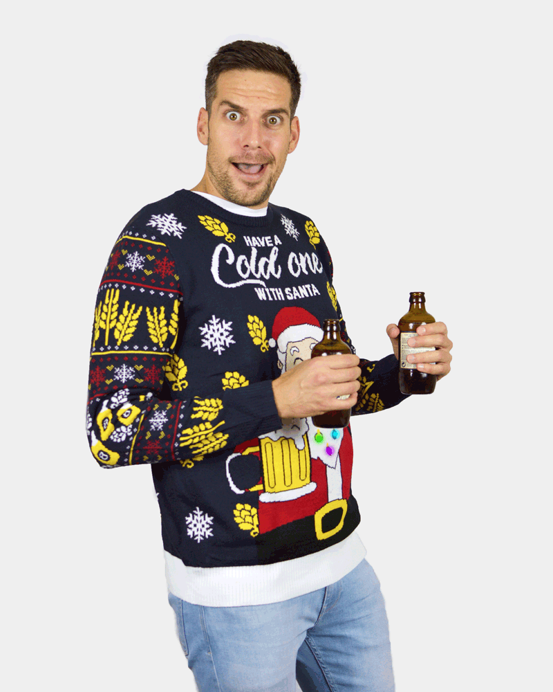 Pull de Noël Homme Femme Lumineux LED Père Noël avec Bière