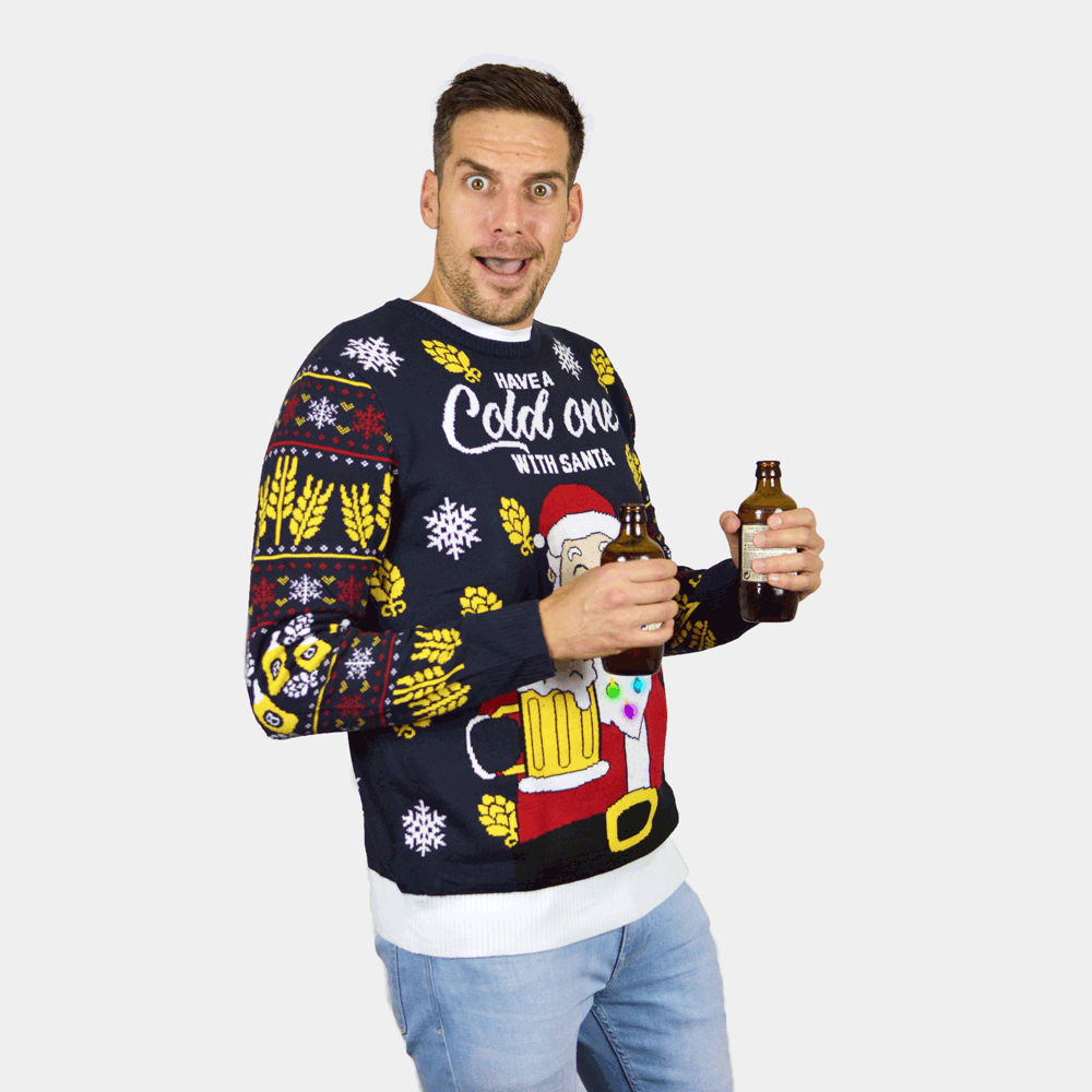 Pull de Noël Homme Femme Lumineux LED Père Noël avec Bière