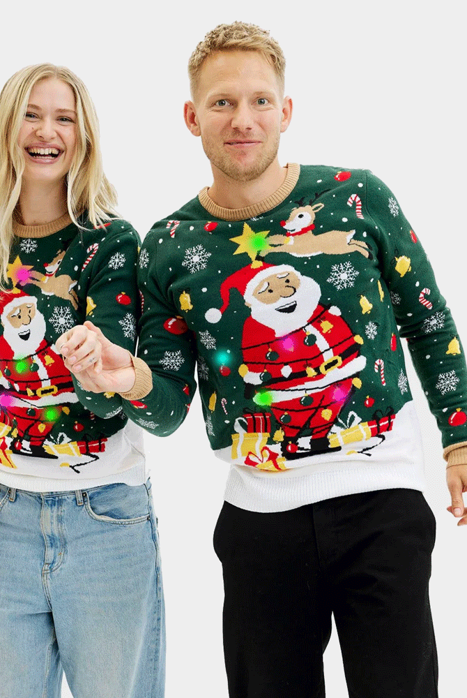Pull de Noël pour Femme et Homme Lumineux LED Père Noël ligoté
