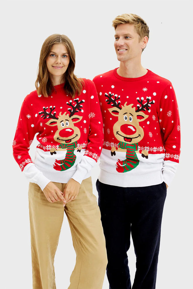 Pull de Noël pour Femme et Homme Renne avec Écharpe