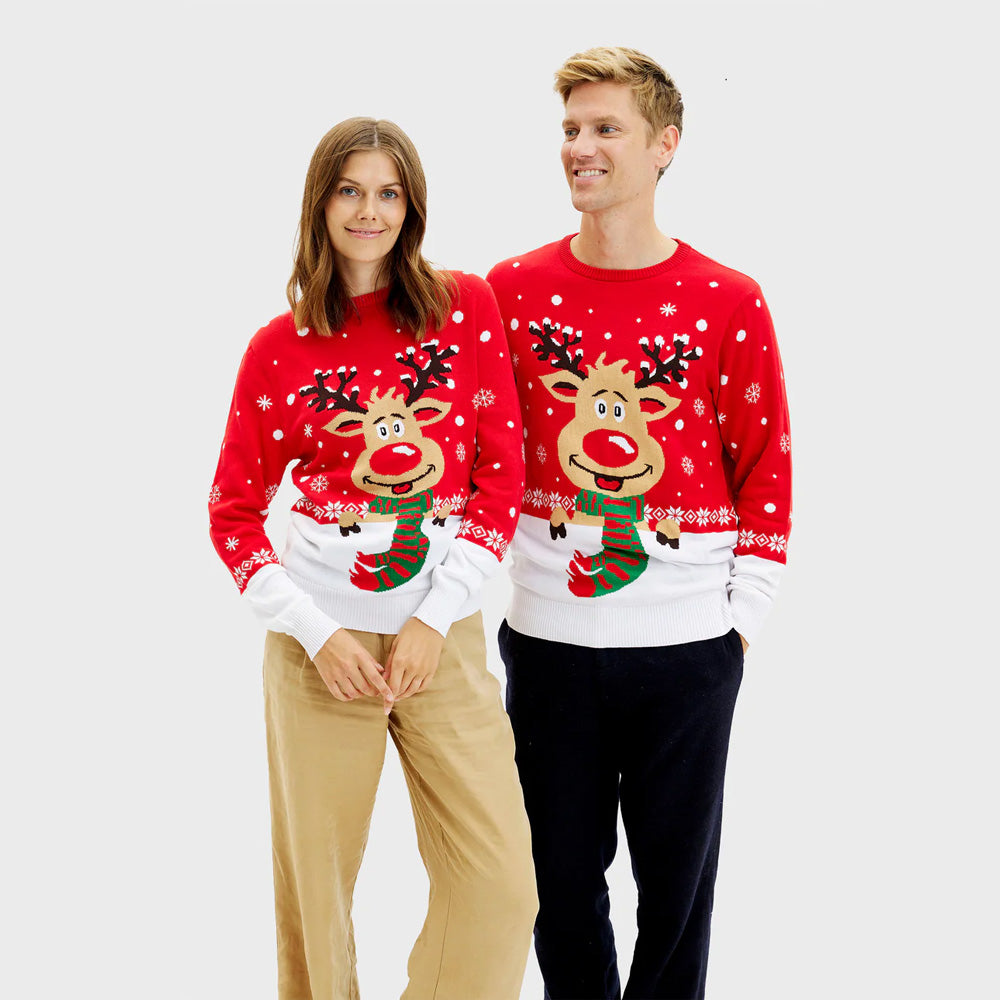 Pull de Noël pour Femme et Homme Renne avec Écharpe