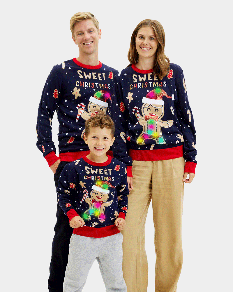 Pull de Noël pour Femme Lumineux LED Bleu Ginger Cookie Famille
