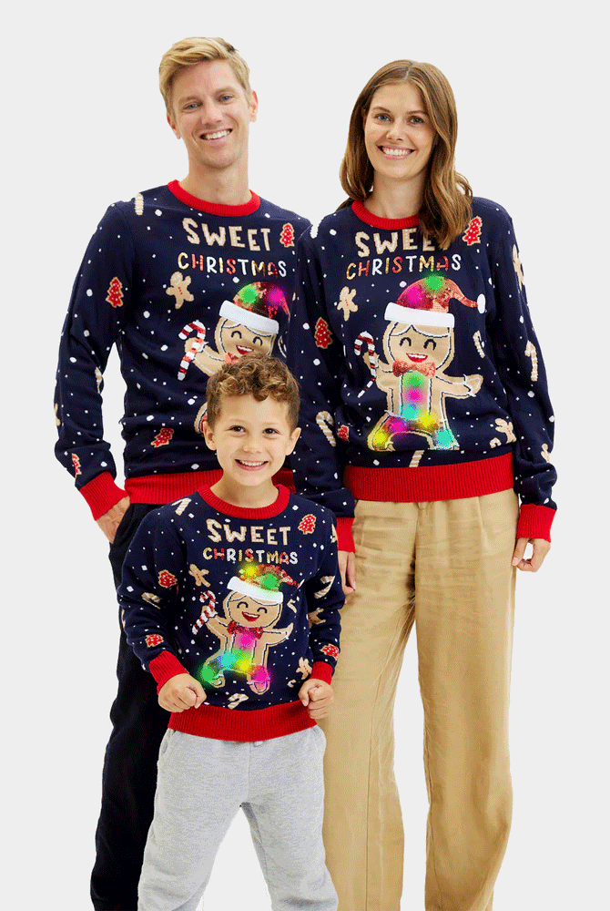 Pull de Noël pour Femme Lumineux LED Bleu Ginger Cookie Famille