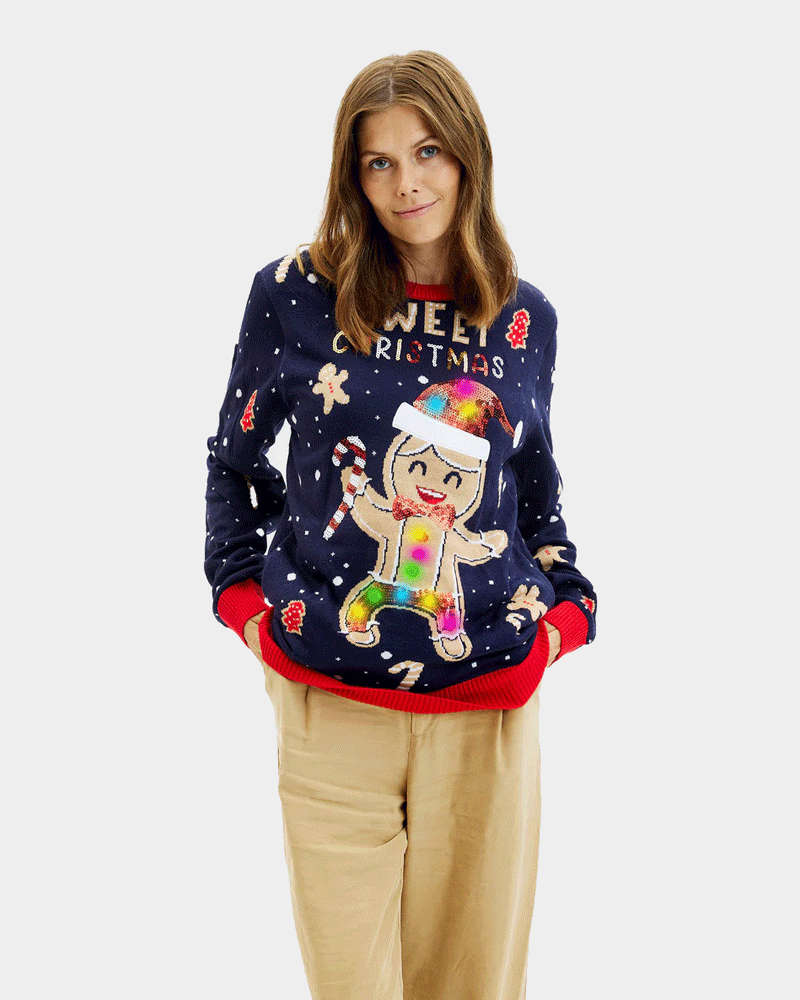 Pull de Noël pour Femme Lumineux LED Bleu Ginger Cookie