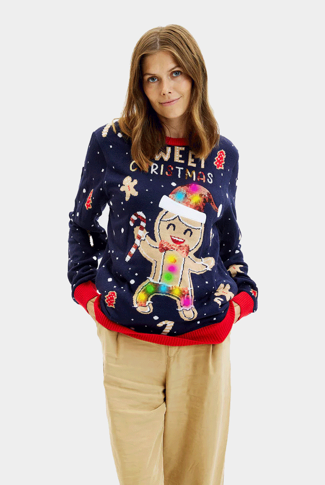 Pull de Noël pour Femme Lumineux LED Bleu Ginger Cookie