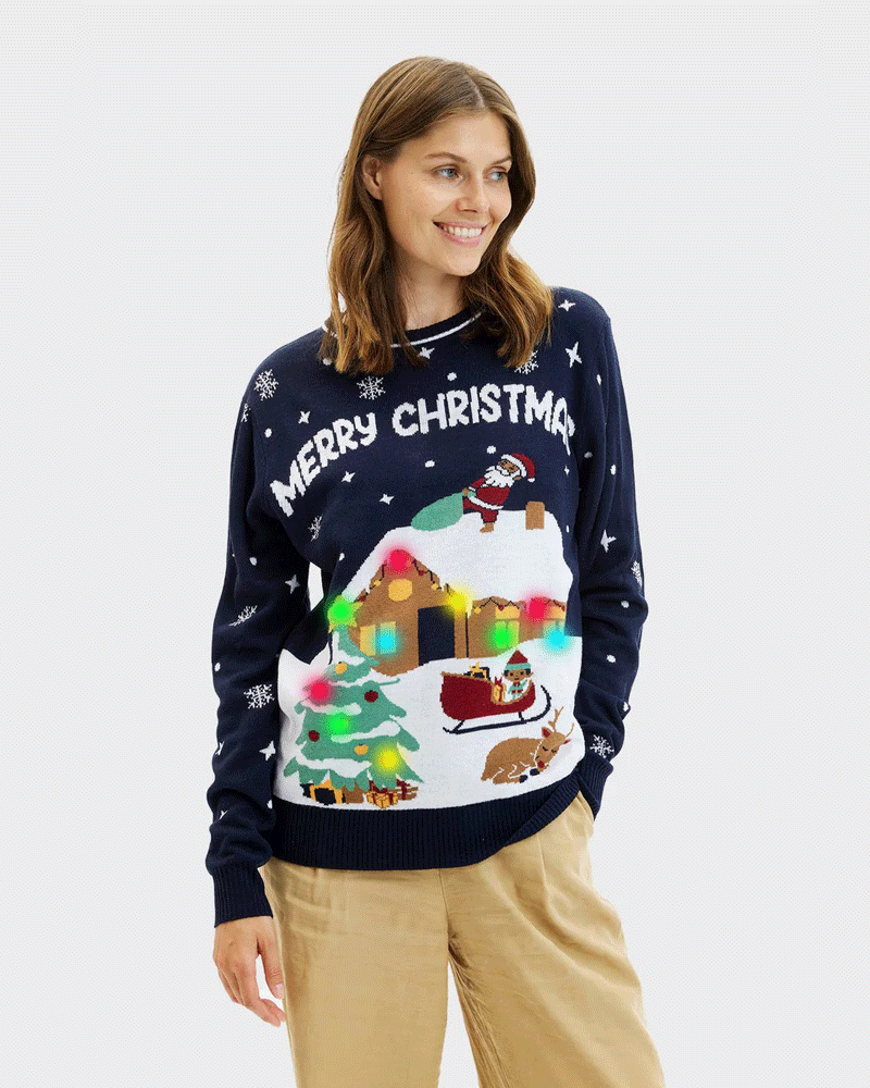 Pull de Noël pour Femme Lumineux LED Bleu Merry Christmas