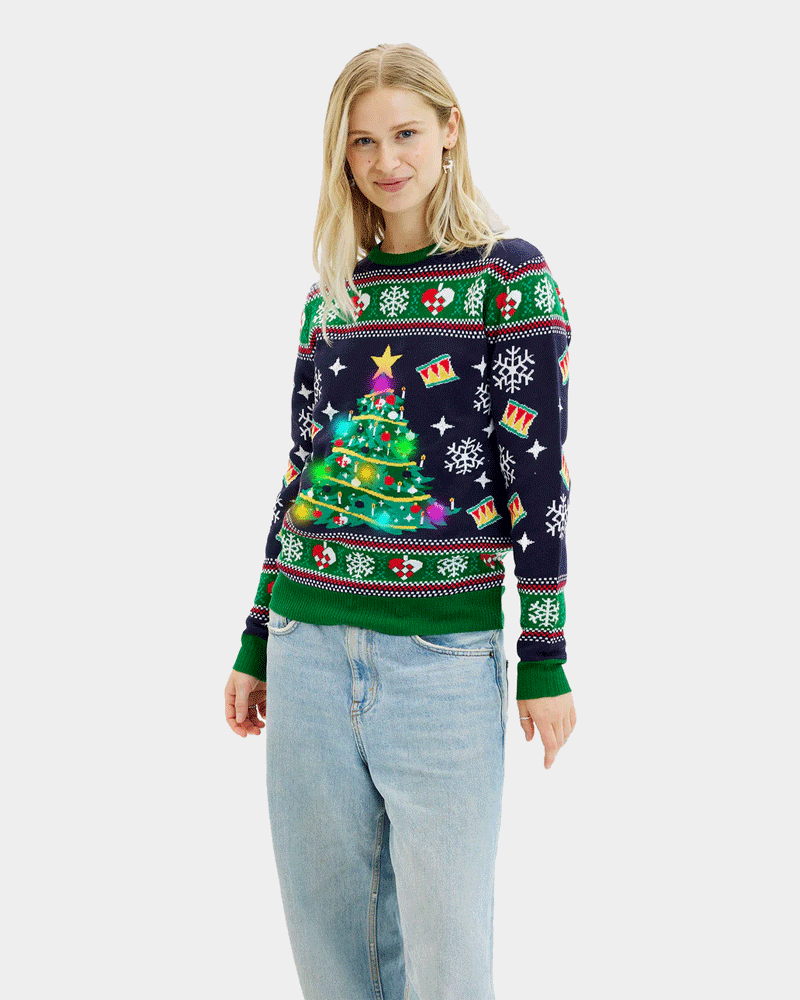 Pull de Noël pour Femme Lumineux LED Bleu avec Sapin de Noël