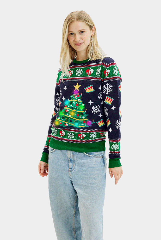 Pull de Noël pour Femme Lumineux LED Bleu avec Sapin de Noël
