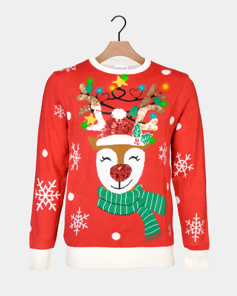 Pull de Noël pour Femme Lumineux LED Brillant Paillettes Renne