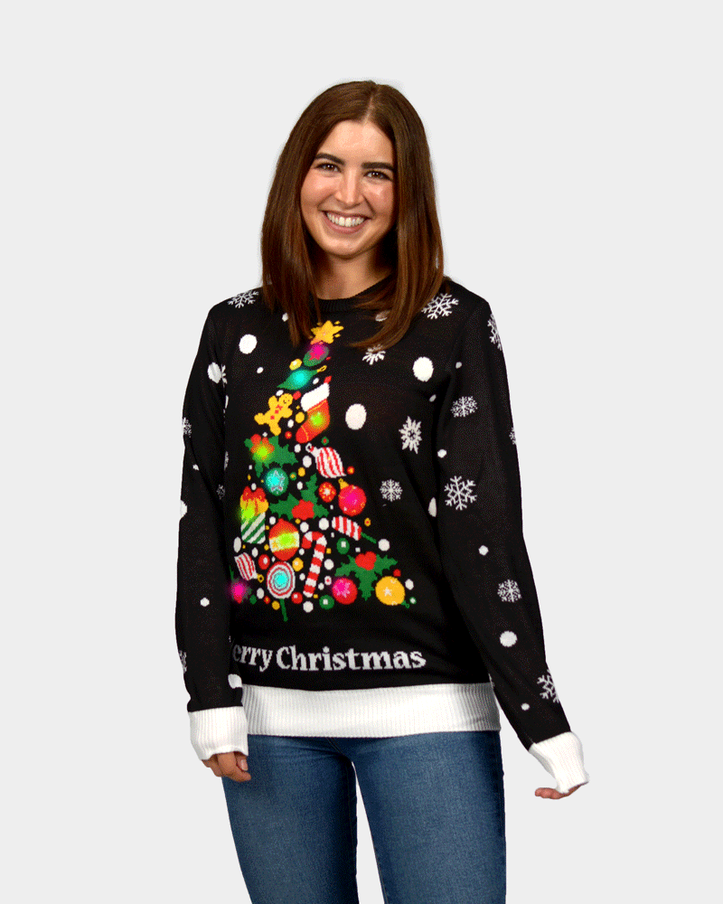 Pull de Noël pour Femme Lumineux LED Noire Sapin de Noël