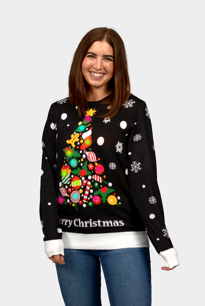 Pull de Noël pour Femme Lumineux LED Noire Sapin de Noël