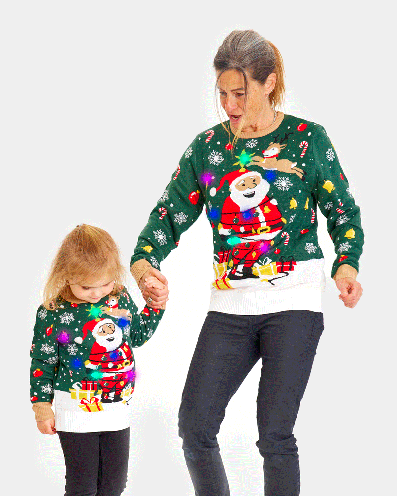 Pull de Noël pour Femme et Famille Lumineux LED Père Noël ligoté