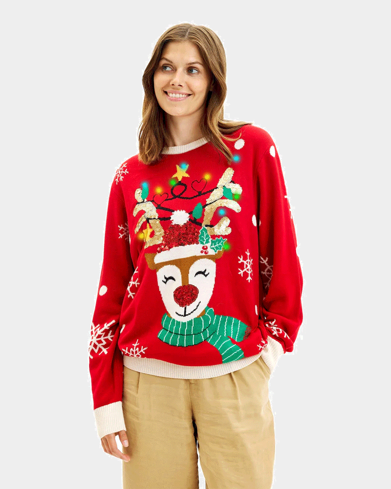 Pull de Noël pour Femme Lumineux LED Renne Brillant Paillettes