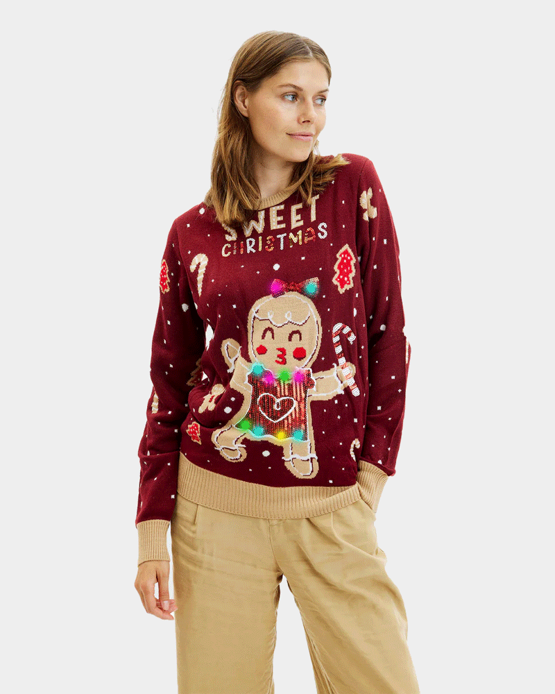 Pull de Noël pour Femme Lumineux LED Rouge Ginger Cookie