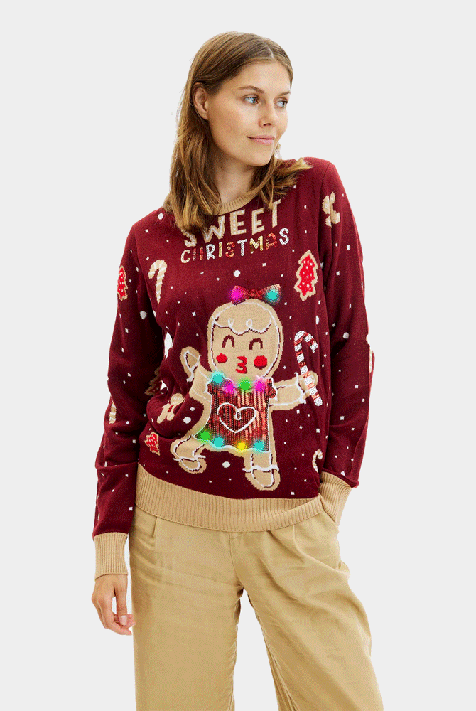 Pull de Noël pour Femme Lumineux LED Rouge Ginger Cookie