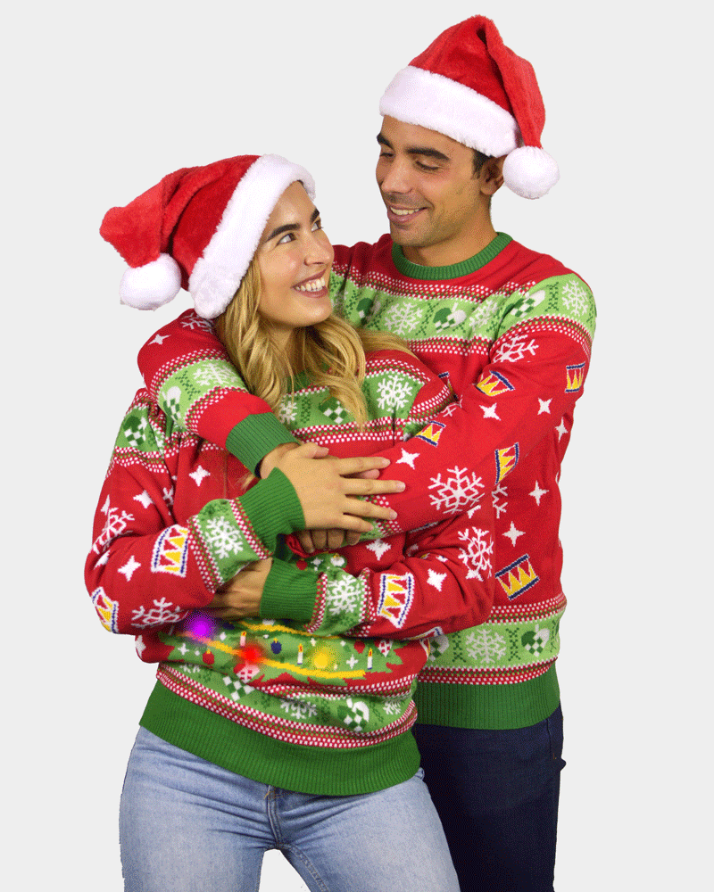 Pull de Noël Homme et Femme Lumineux LED Rouge avec Sapin de Noël