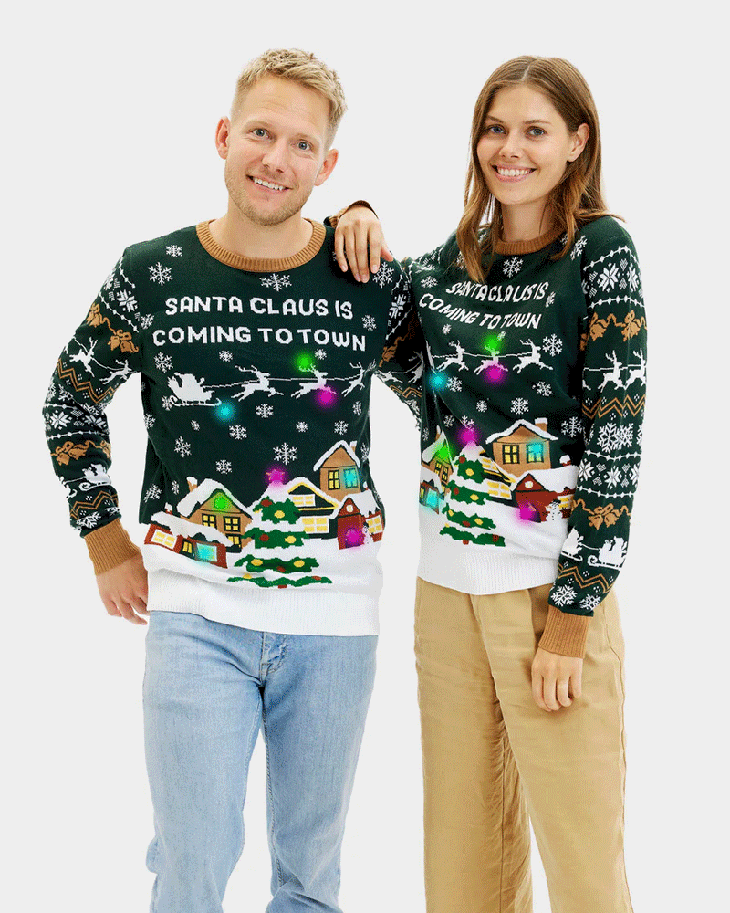 Pull de Noël pour Femme Lumineux LED Santa is Coming to Town Homme