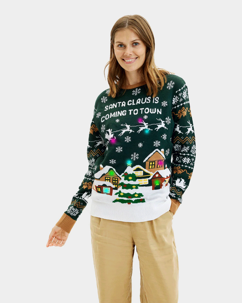 Pull de Noël pour Femme Lumineux LED Santa is Coming to Town